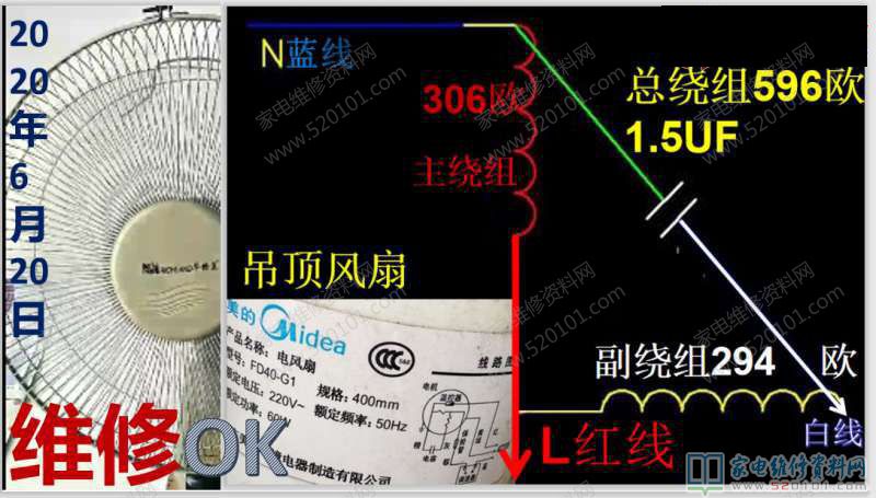 60W风机内部电磁线圈绿线与底线为主导绕组的电阻值